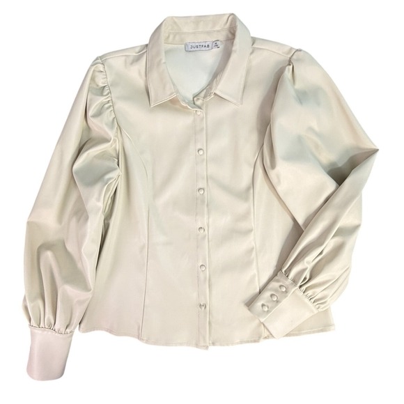Faux Leather Long Sleeve Button Down Shirt Cream Puff Sleeve Size M - Picture 11 of 11